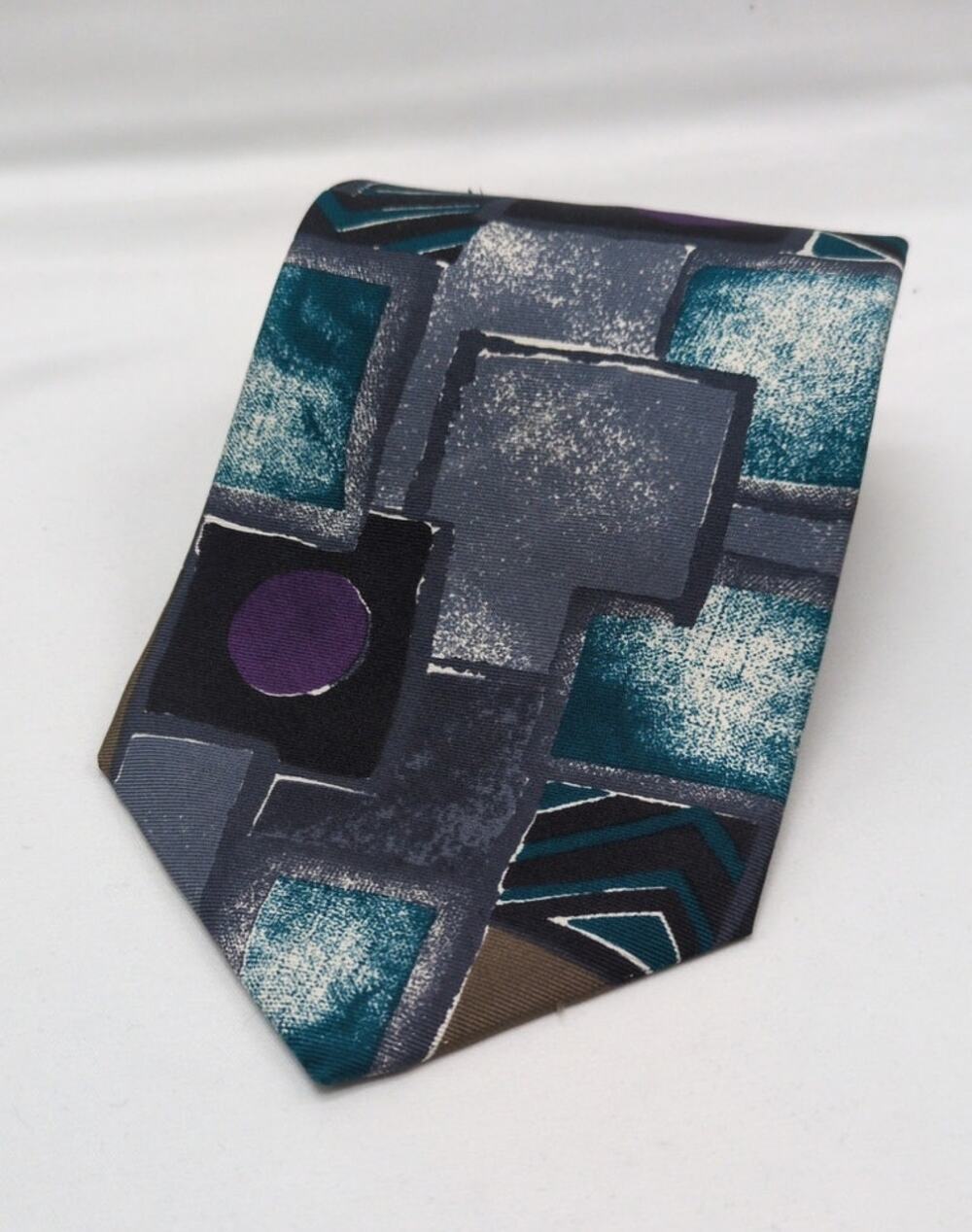 Tattersall 100% Silk Tie Silver Teal Black Geometric Pattern Pointed Necktie